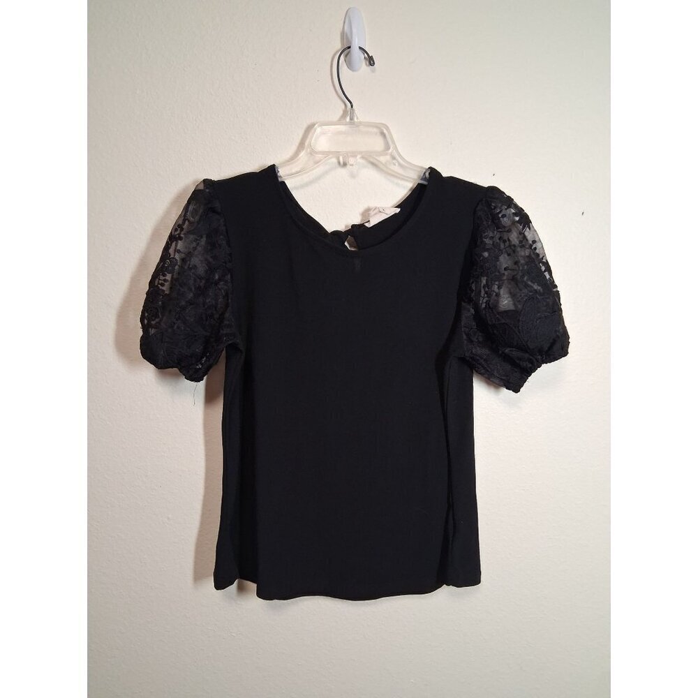 Flower & Feather Blouse Lace Sleeve Boho Business Casual Black Cottage Sz Medium